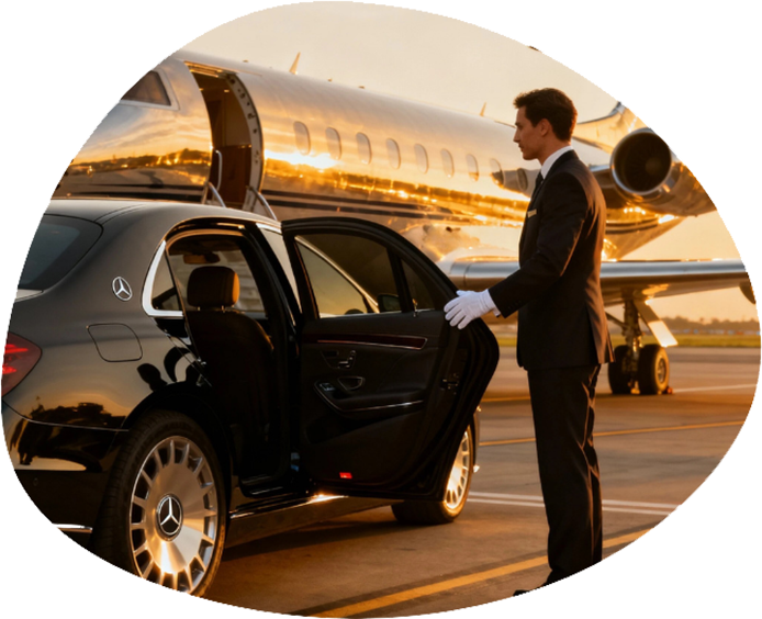 photo of driver opening door for private jet traveler